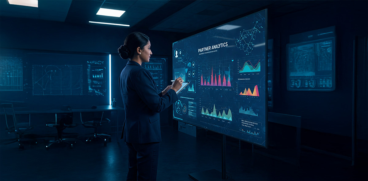 Businesswoman analyzing partner relationship management data on a futuristic analytics dashboard.