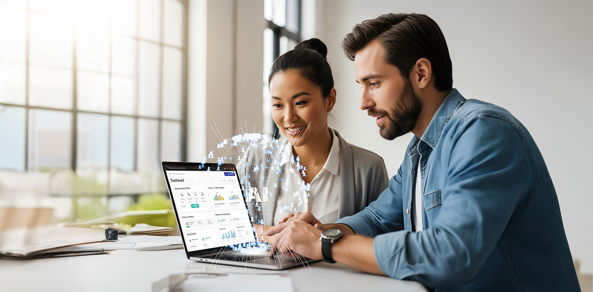 Two professionals collaborating at a desk while analyzing partner marketing data on a laptop screen, with AI and digital connectivity graphics overlayed.