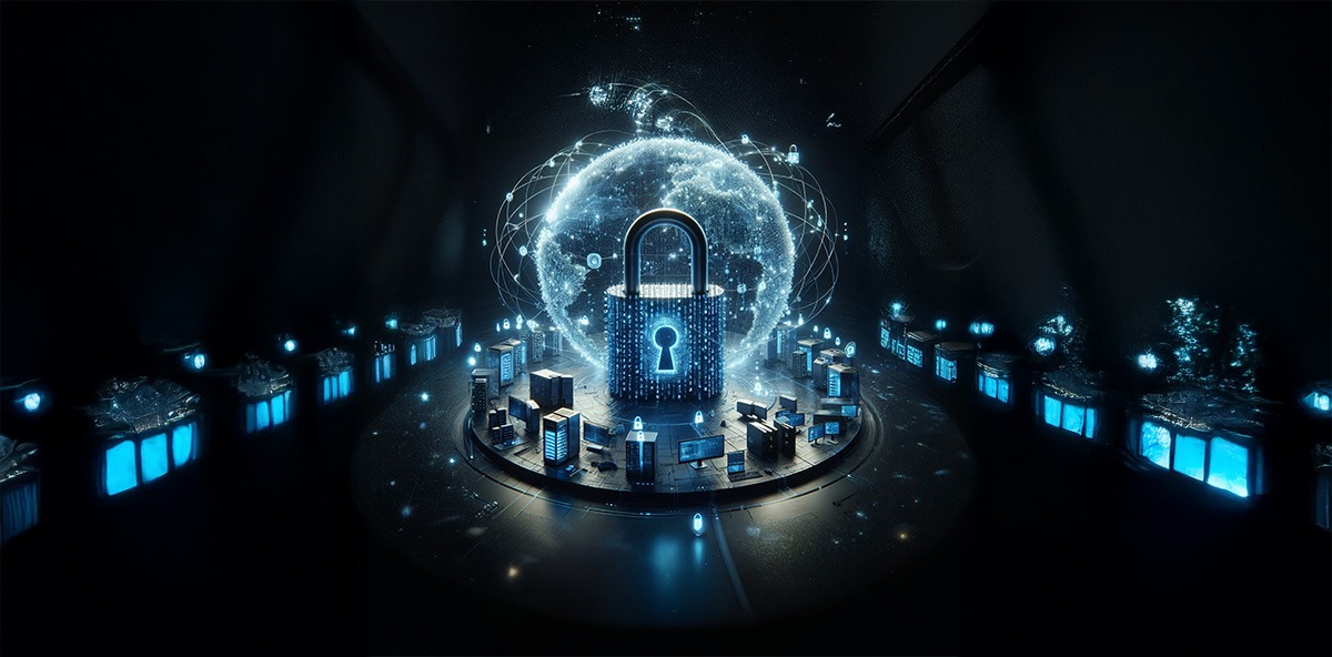 Global digital network protected by a glowing padlock, symbolizing cybersecurity and data protection.