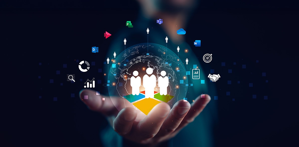 Hand holding digital network of people and apps, symbolizing collaboration in the Microsoft ecosystem.