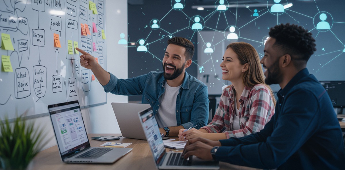 Team collaborating with flowcharts and digital connections to establish clear communication in Partner Relationship Management.