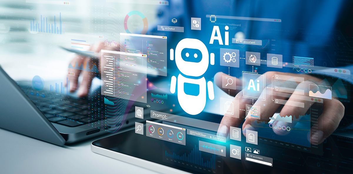 Person using laptop with digital AI chatbot and data interface, representing intelligent automation in Channel Partnerships.