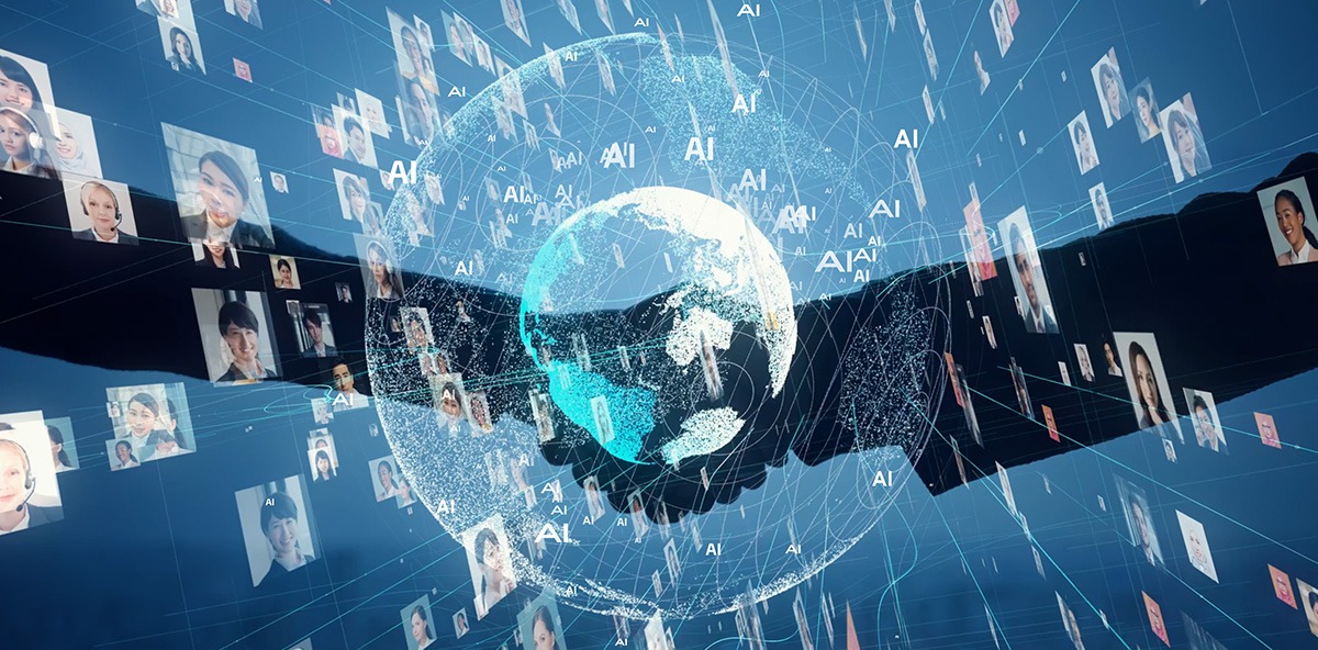 Global digital handshake surrounded by AI connections and diverse professional profiles, symbolizing AI-powered alliances for Channel Partnerships.