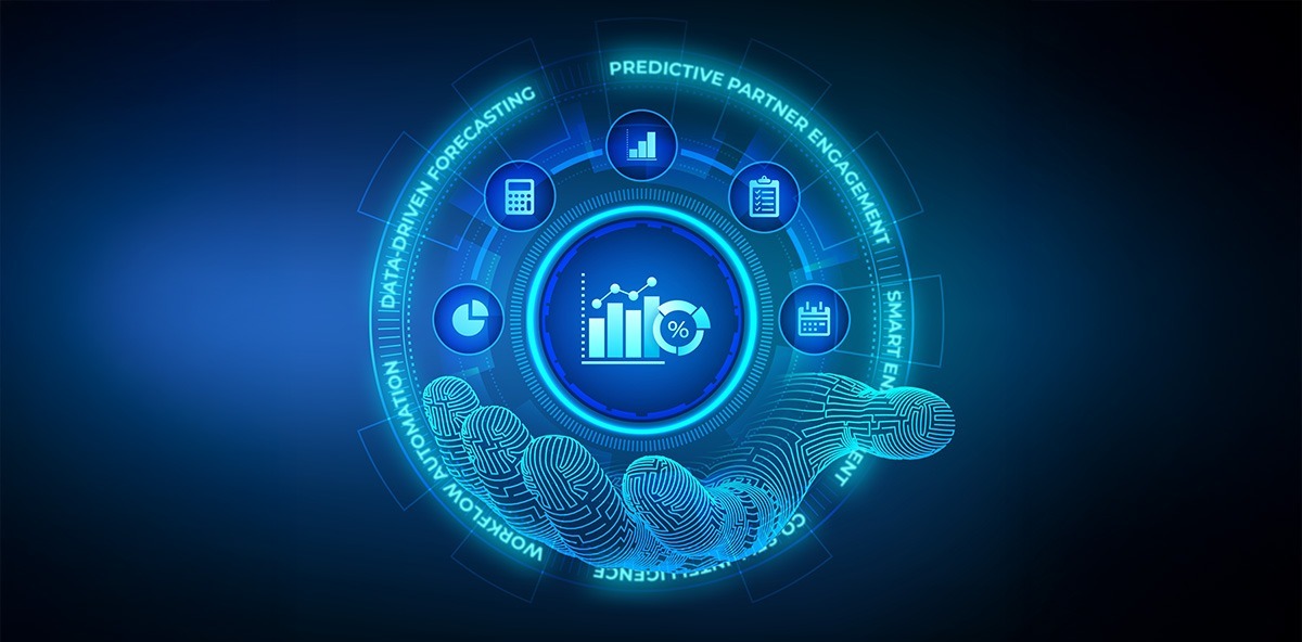 Digital hand holding data-driven PartnerOps and RevOps automation icons with analytics visuals.